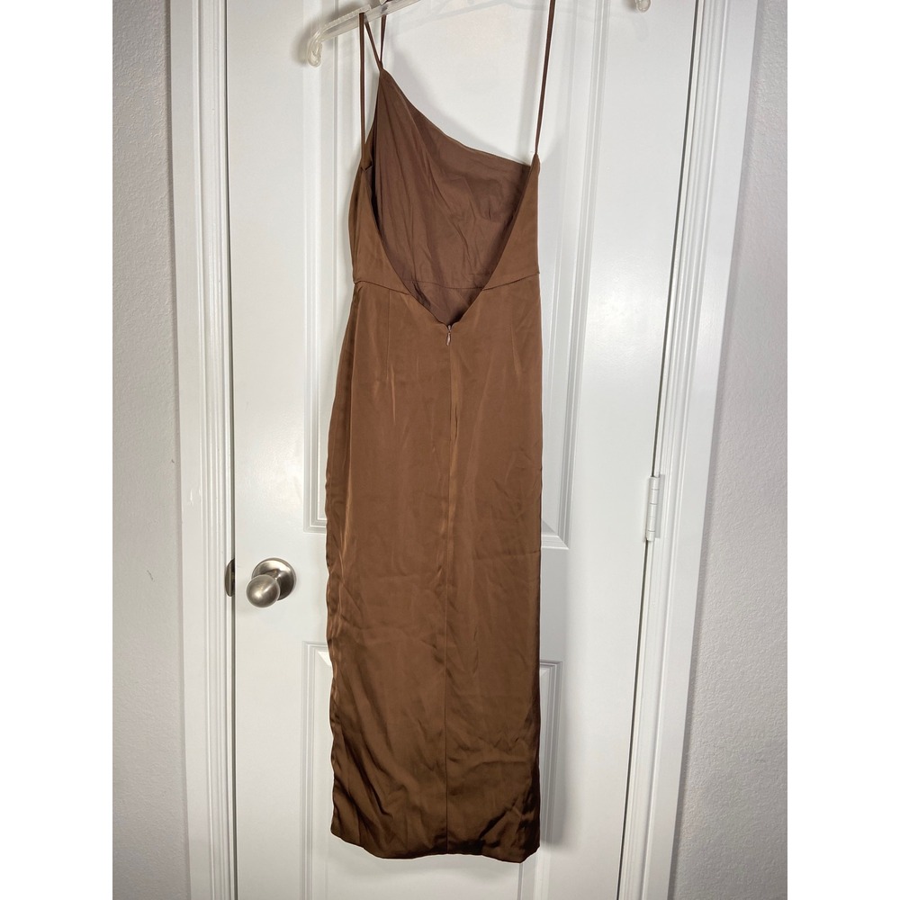 Contenta Brown Satin One Shoulder Midi Dress Ruched Bodycon XS - Picture 4 of 12